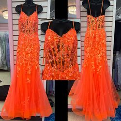 New With Tags Orange Sequin Corset Bodice Tulle Bottom Long Formal Dress & Prom Dress $289