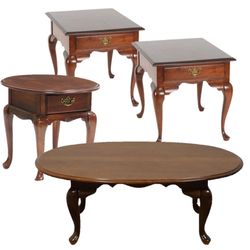 Set of 4 vintage Broyhill Cherry Table 2 End, 1 Coffee, 1 Accent - Custom Glass Tops
