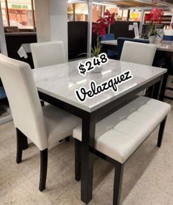 ✅️✅️ 5 pc dark finish wood faux marble top  rectangular dining table set with bench ✅️✅️