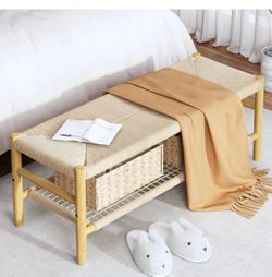 Recaceik Indoor Entryway Bench with Paper Cord Ottoman & Grid Storage Rack and 2 Baskets, Mid-Century Long Bench with Rubber Wood Legs, French Vanity 