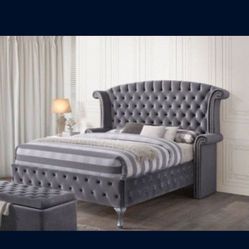 Gray Velvet Queen Size Bed  