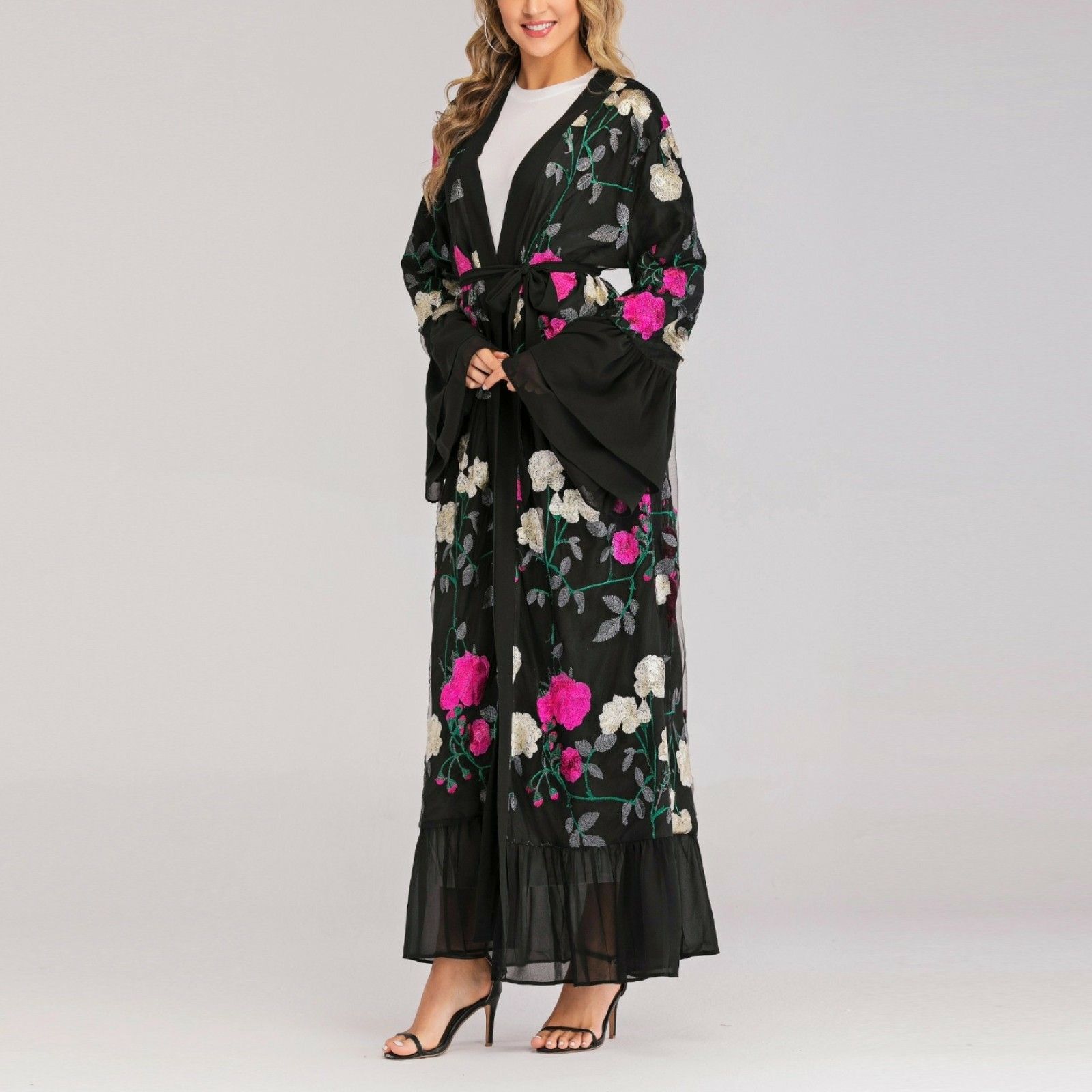 Fashion clothing for women open abaya with belt Black With Pink and White Roses