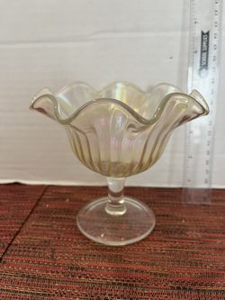 Vtg Imperial Glass Smooth Ray Ruffled Edge Compote Iridescent Carnival Glass