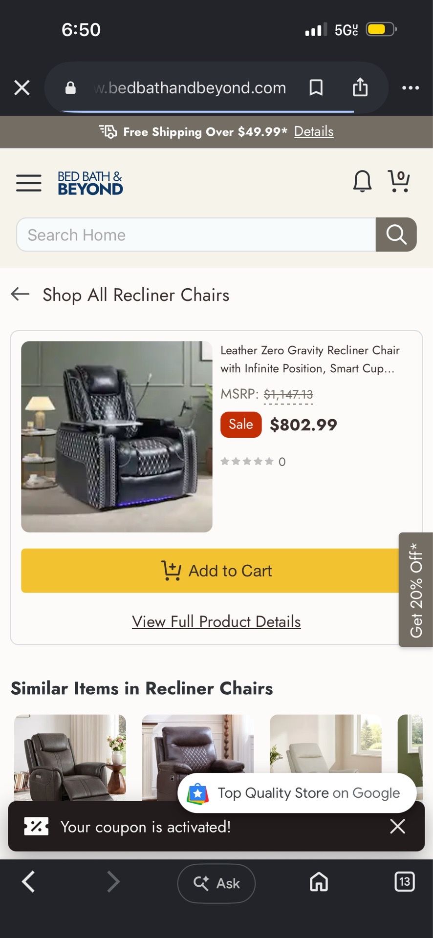 Leather Zero Gravity Recliner Chair Smart Cup Holder