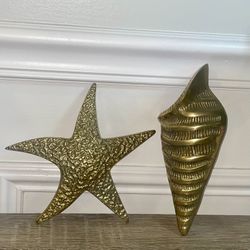 Vintage Solid Brass Ornate Seashell & Starfish Wall Hanging Palm Beach Style(#17