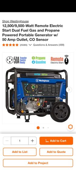 Westinghouse Generator 12500/9500 dual fuel