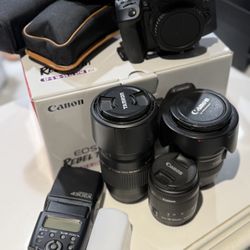 Canon EOS Rebel T8i DSLR Bundle – 3 Lenses + Flash + Extras 