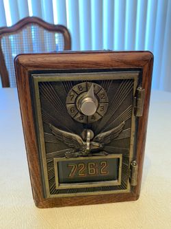 Antique Sam Criswell Post Office Box Piggy Bank Safe, have combination (is operable) 6”H x 4”Deep x 5 wide 