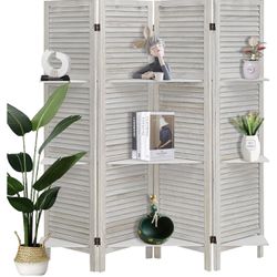 4 Panel 6 Ft Tall Wood Room Divider, Wood Folding Room Divider Screens, Panel Divider& Room Divider, and Folding Privacy Screens with Shelves(4 Pane