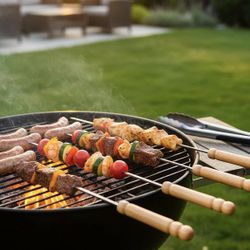 HAKSEN 12 PCS Skewers for Grilling, Kabob Skewers with Wood Handle, Reusable BBQ Barbecue Sticks for Marshmallow, Hot Dog, Meat, Vegetable, Camping Co