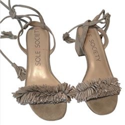 Sole Society Taupe Suede Fringe Block Heel Sandals Lace Up Tassel Boho Size 6