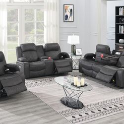 Brand New Charcoal Leather Power Reclining 3pc Sofa Set 