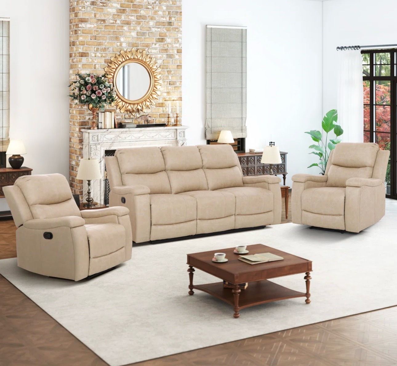 Beige chenille fabric fully reclining three piece couch set
