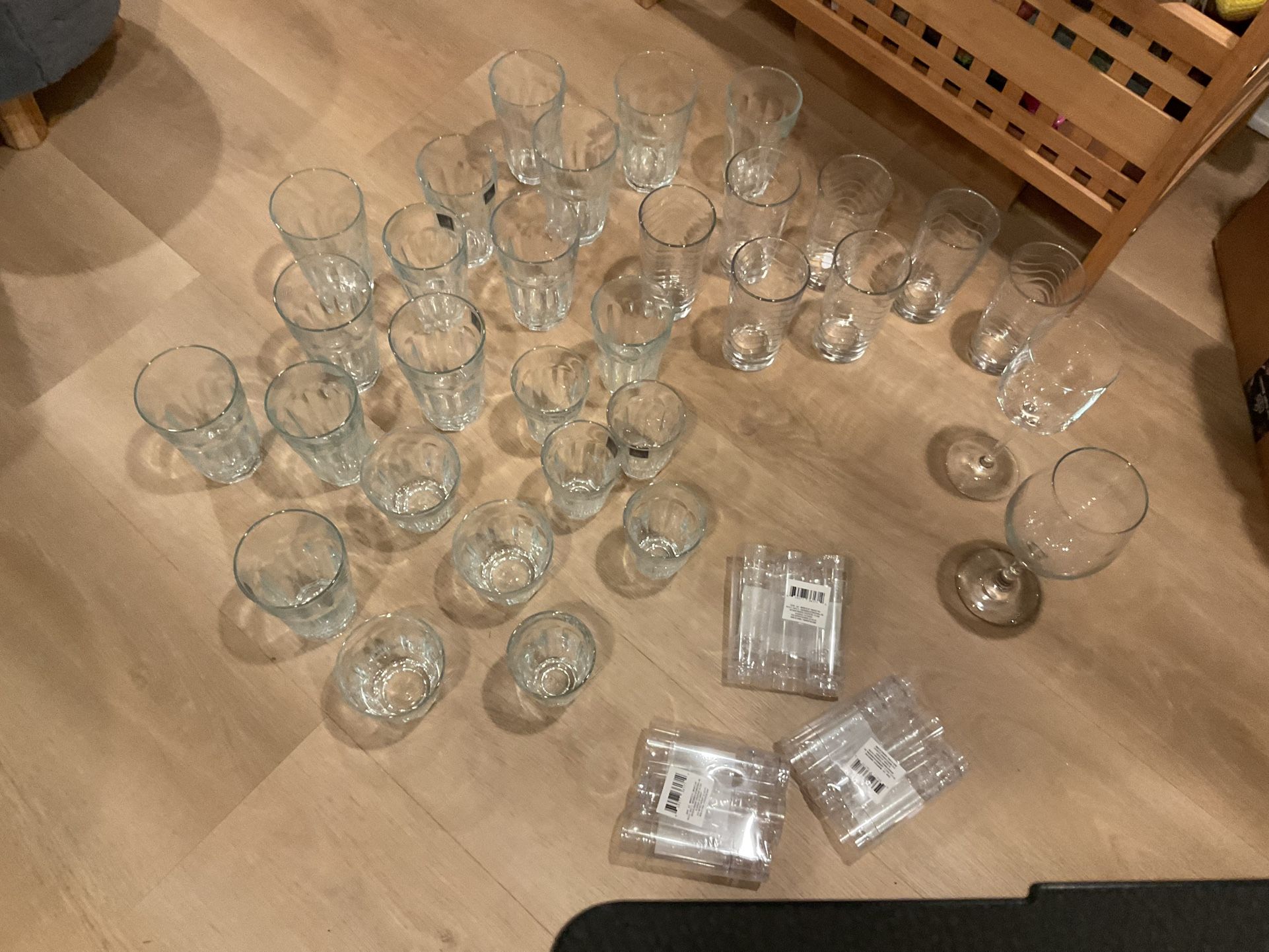 About 30 New Drinking Glasses, And Some Shot Little Glasses, All New ( NO SHIPPING)