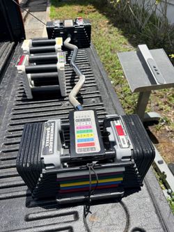 POWERBLOCK SET INCLUDING ADJUSTABLE DUMBBELLS, RACK, & EZ CURL BAR