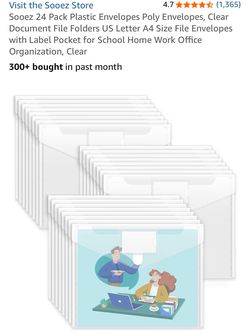 Sooez 24 Pack Plastic Envelopes Poly Envelopes, Clear Document File Folders US Letter A4 Size File Envelopes with Label Pocket for School Home Work Of