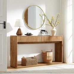 63" Fluted Console Table for Entryway with 2 Drawers, Light Knotty Oak Modern Entryway Table, Long Sofa Table Behind Couch for Living Room, Hallway, C