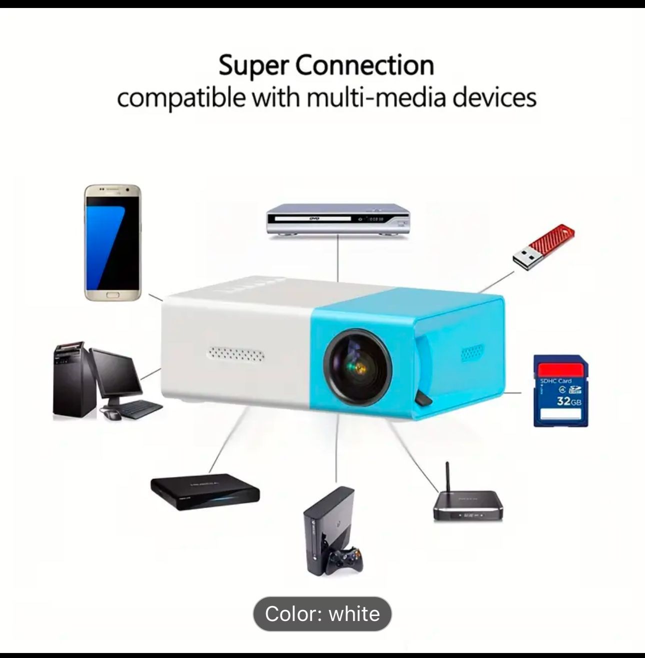 Mini Projector for Movie, Office, Meetings, Portable Video Projector, US Plug 2.0, Compatible with USB/AV/TV Box/3.5mm