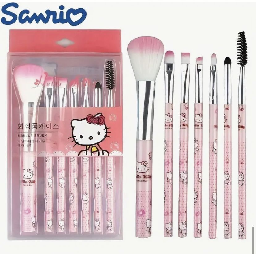 Hello Kitty 7 PC Makeup Brush Set Pink New Sanrio Cartoon Brushes Eyeshadow