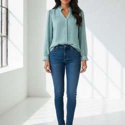 Ann Taylor Petites Light Blue Polka Dot Ruffle Collar Long Sleeve Blouse LP