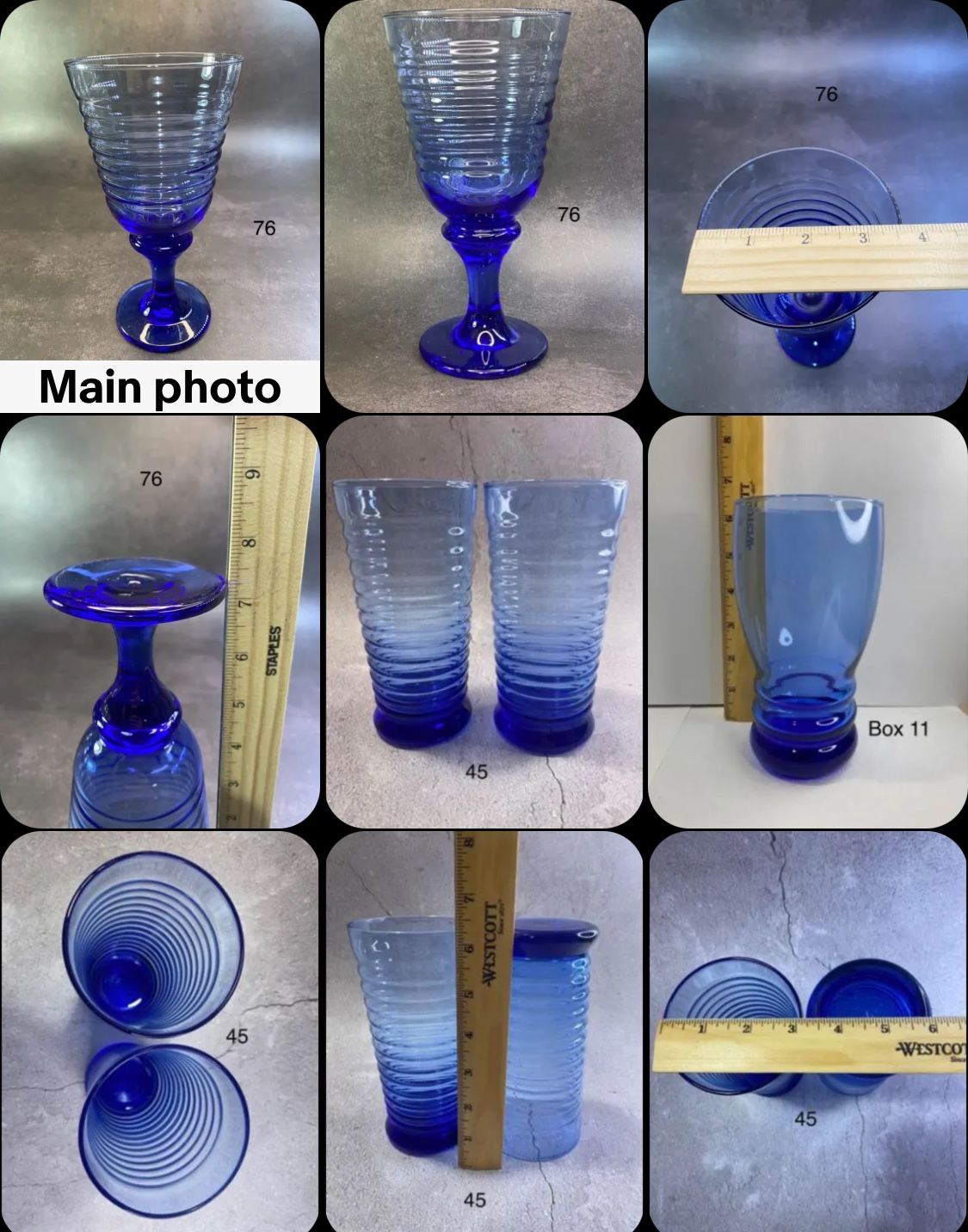 Assorted Vintage Cobalt Blue Beehive Sirius Ribbed water/Ice Tea Glasses (Mediterranean). 2-Tumblers 2- Goblets 1- Glass.