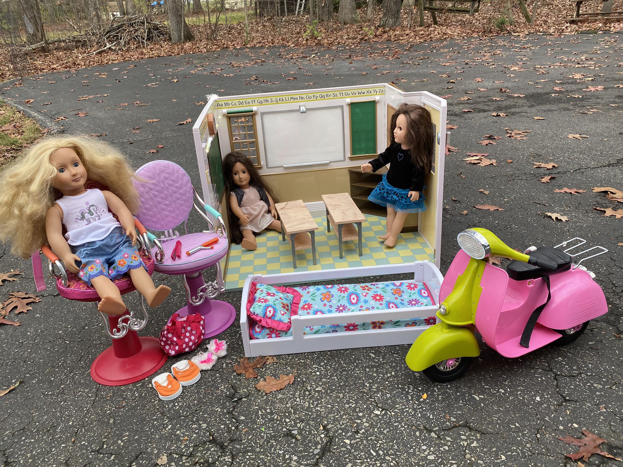 Our Generation Doll Lot (Schoolhouse, Moped, Salon Chairs, & 3 Dolls) 