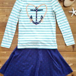 SIZE 10-12 GIRLS 2-PIECE OUTFIT STRIPED HEART ANCHOR LIGHTWEIGHT LONG-SLEEVE W/POLKA-DOT NAVY CIRCLE SKIRT