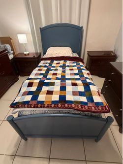 Need to sell quickly. Twin bed with storage, mattress, 2 night stands, mirror, dresser and 32’ TV