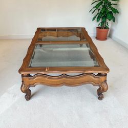 Large Ornate Wood & Glass Coffee Table