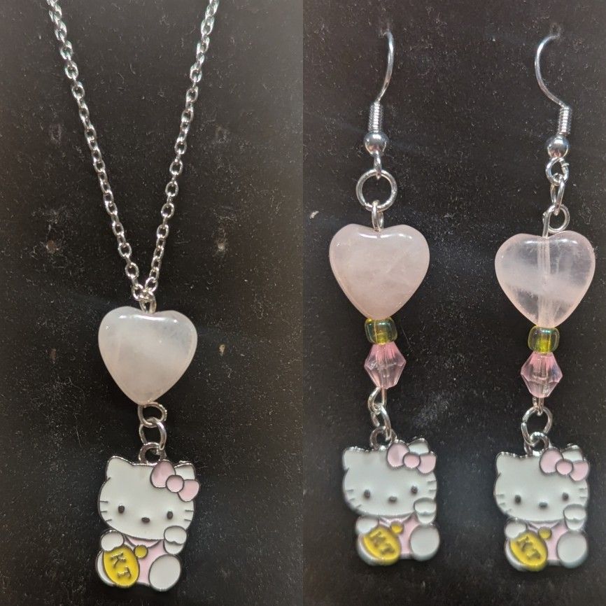 Hello Kitty Jewelry Set – Handmade 16-Inch Necklace & Earrings