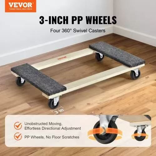  Furniture Dolly, 1000 lbs Load Capacity, 18" x 30", 4 x 3" PP Swivel Casters, Heavy Duty Hardwood Furniture Moving Dolly, Mover's Dolly, Moving Cart 