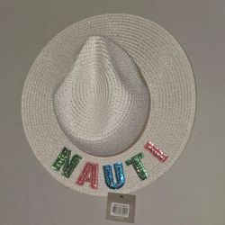 NWT Styline "Nauti" Sequin Patch Wide-Brim Straw Sun Hat - White Metallic