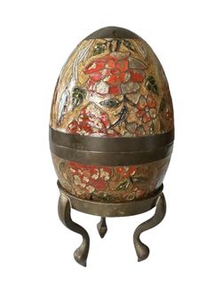 Vintage Enameled Brass Flower Floral Roses Egg Three-Legged Stand Two Piece Art