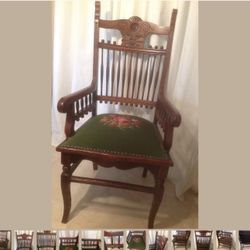 Antique Spindle Chair w/Green Hand Made Needlepoint Floral Cover