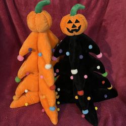 Halloween 18” Retro Lighted Plush Black & Orange Tree Set Of 2 NEW!