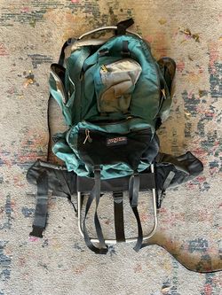 Jansport External Frame Backpack Blue Nylon Leather Trim Lightweight VTG Camping