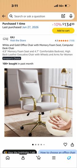 Excellent Deal! White and Gold Office Chair with Memory Foam Seat, Computer Desk Chair