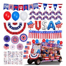 4th of July Party Dcoratoins America 250 Golf Cart Decorations Kit Patriotic Fourth of July Parade Car Decor with Fan Flags, Tinsel Garlands, Banners,