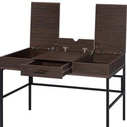 Writing Desk in an oak and black finish, featuring a built-in USB port and storage
