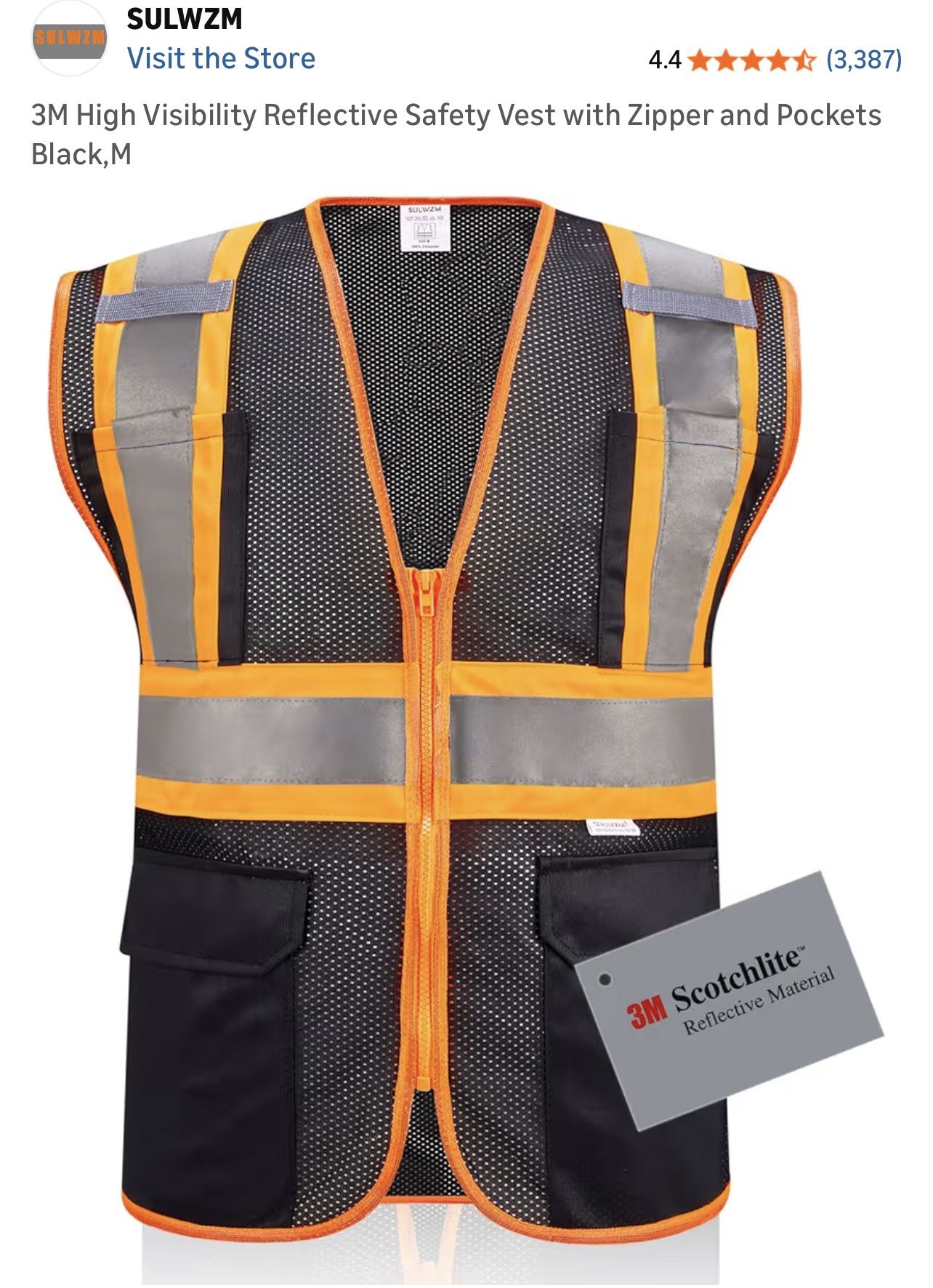 High Visibility Reflective Safety Vest With Zipper & Pockets Size: M