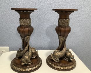 Pair of Vintage Ornate Fish Candle Holders – Wood & Resin – Nautical Decor