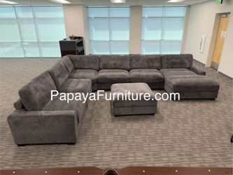 7 Piece Minimalist Large Oversize Modular Sectional Sofa Chaise and Ottoman Set Modern Designer Style Deep Seat Low Profile Dark Grey Fabric SALE