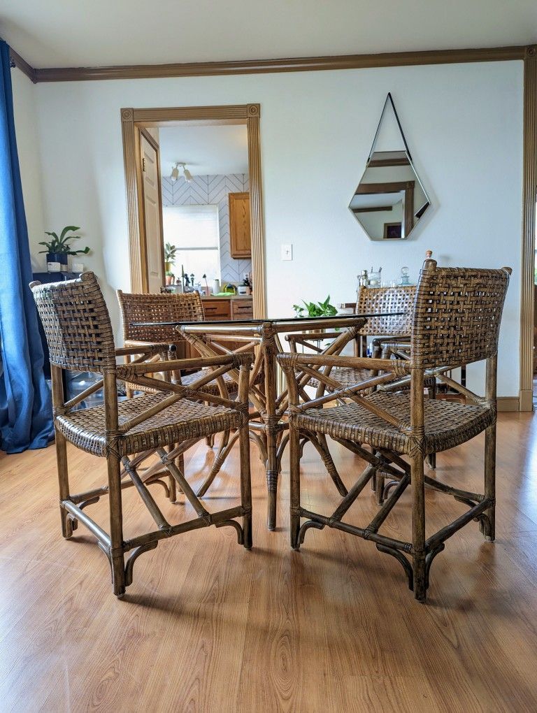 McGuire Style Bamboo & Leather Boho Palm Beach Tiki Dining Table w/ Set of 4 Chairs
