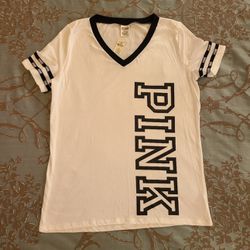 Victoria's Secret PINK White V-Neck Graphic T-shirt Size Large