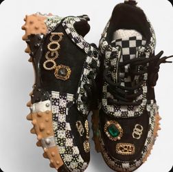 Black and White Checkered Rhinestone Sneakers with Gold Charms and Spiked Soles