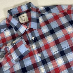 Billy Reid Mens Medium Red Blue Plaid Check Fit 2 Long Sleeve Button Up Shirt