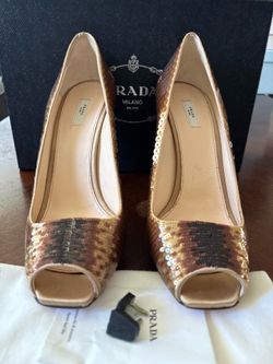 Prada Goldish/Brown Sequin Peep-Toe Pumps – Size 41