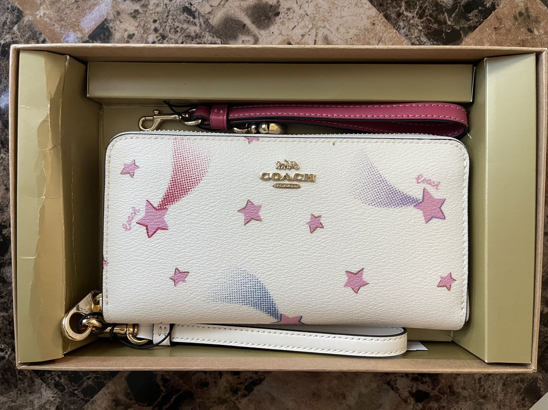White And Pink Stars Leather Coach Wristlet Wallet With 2 Straps