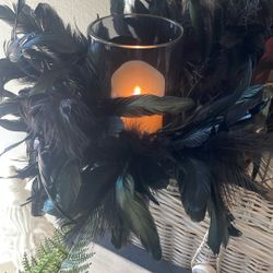 Spooky Black Feather Candle Holder 