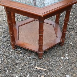 Mid-century Modern Hexagonal Walnut Side Table with Glass Top